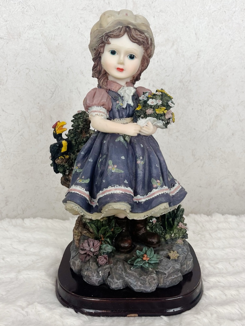Vintage Resin Victorian Girl With Flowers Toucan Bird Figurine Cottage Whimsy